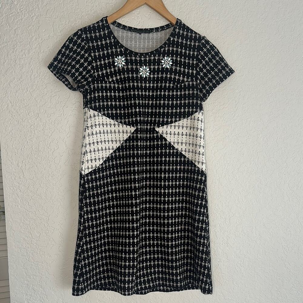 Zara UK Secretary Dress Black Check Bejeweled Twee Preppy Shift Mrs Maisel